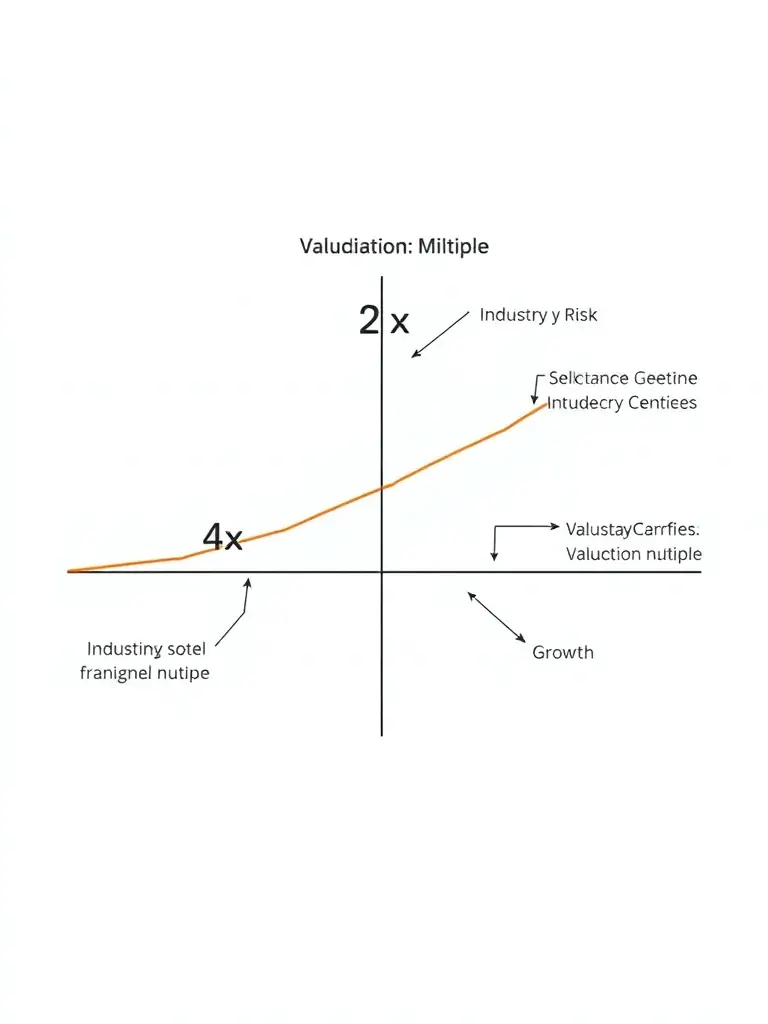 A visual representation of a valuation multiple range (e.g., 2x to 4x) with annotations explaining the factors that influence the multiple, such as industry, risk, and growth potential.