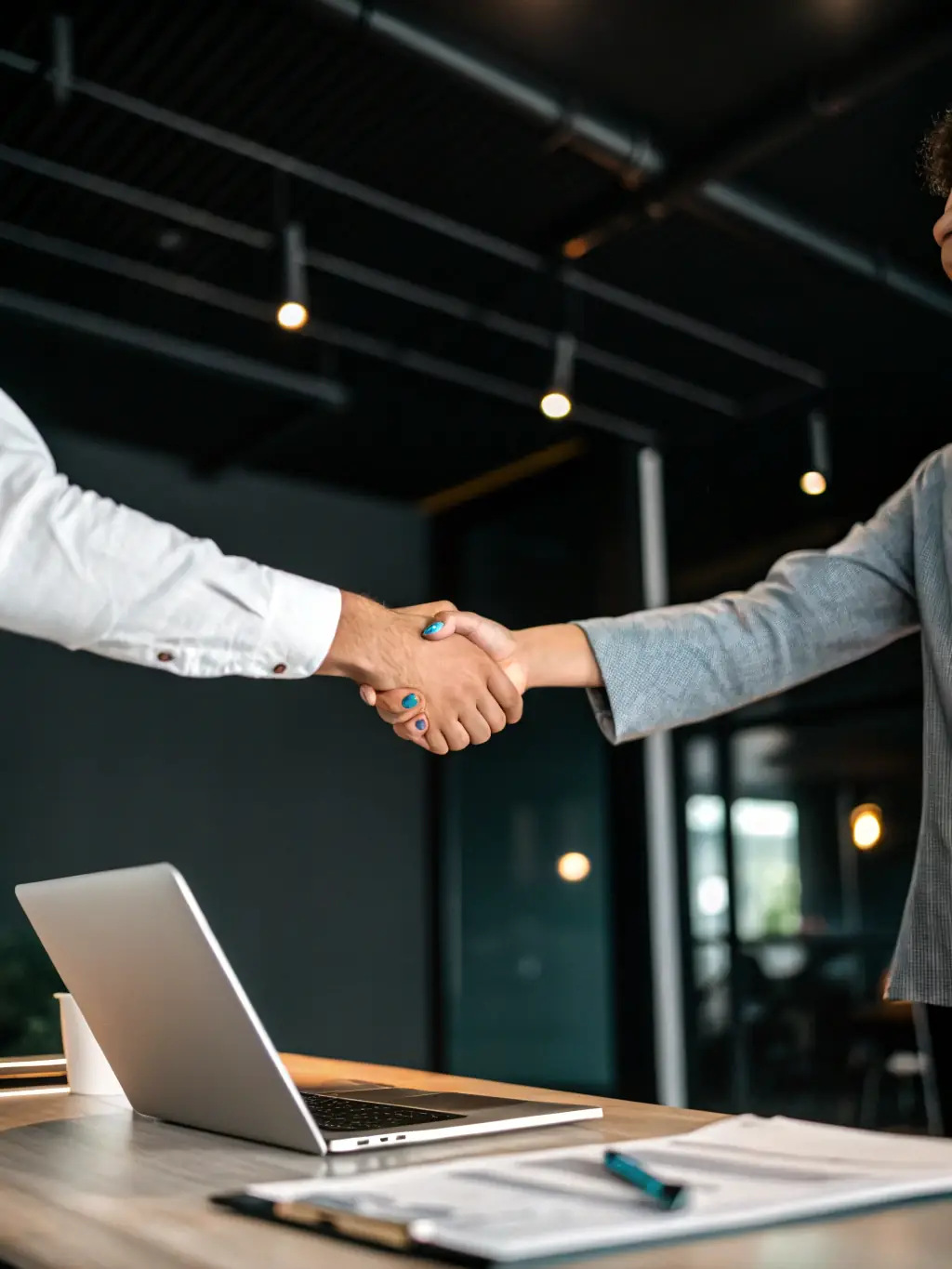 A handshake between two business professionals, symbolizing a successful M&A transaction, with a subtle background showing financial charts and graphs.