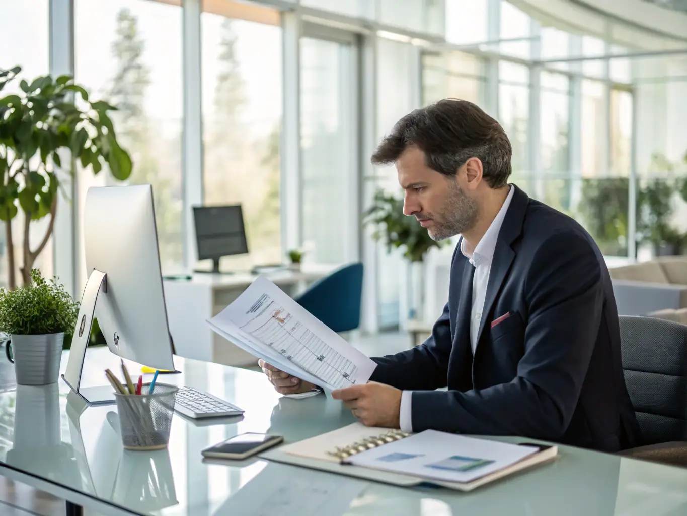 A focused businessman in a suit, reviewing a strategic plan with a determined expression, symbolizing the initial phase of defining an acquisition strategy.
