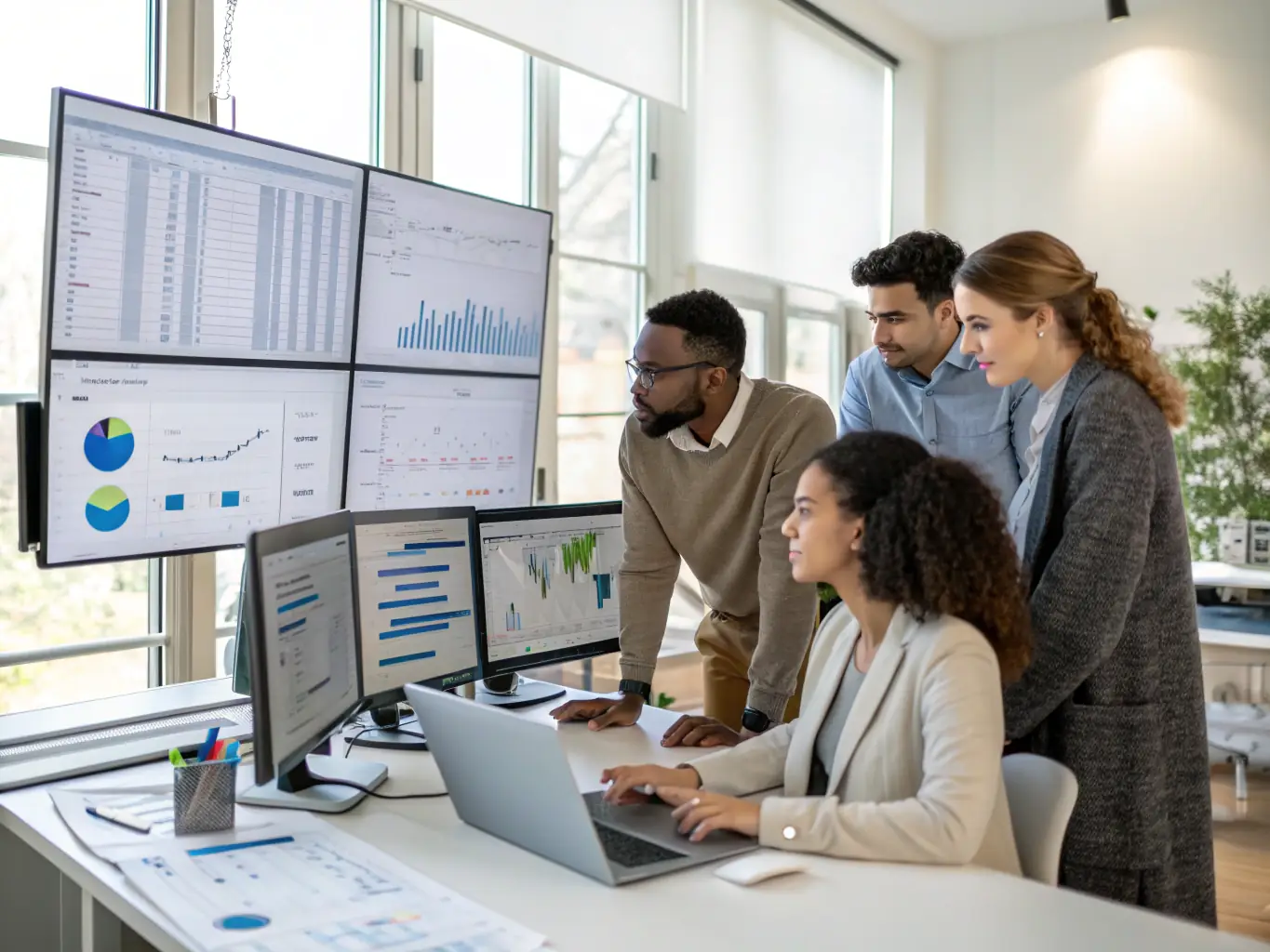 A diverse group of professionals collaboratively analyzing potential acquisition targets on a digital screen, representing the sourcing and screening phase.